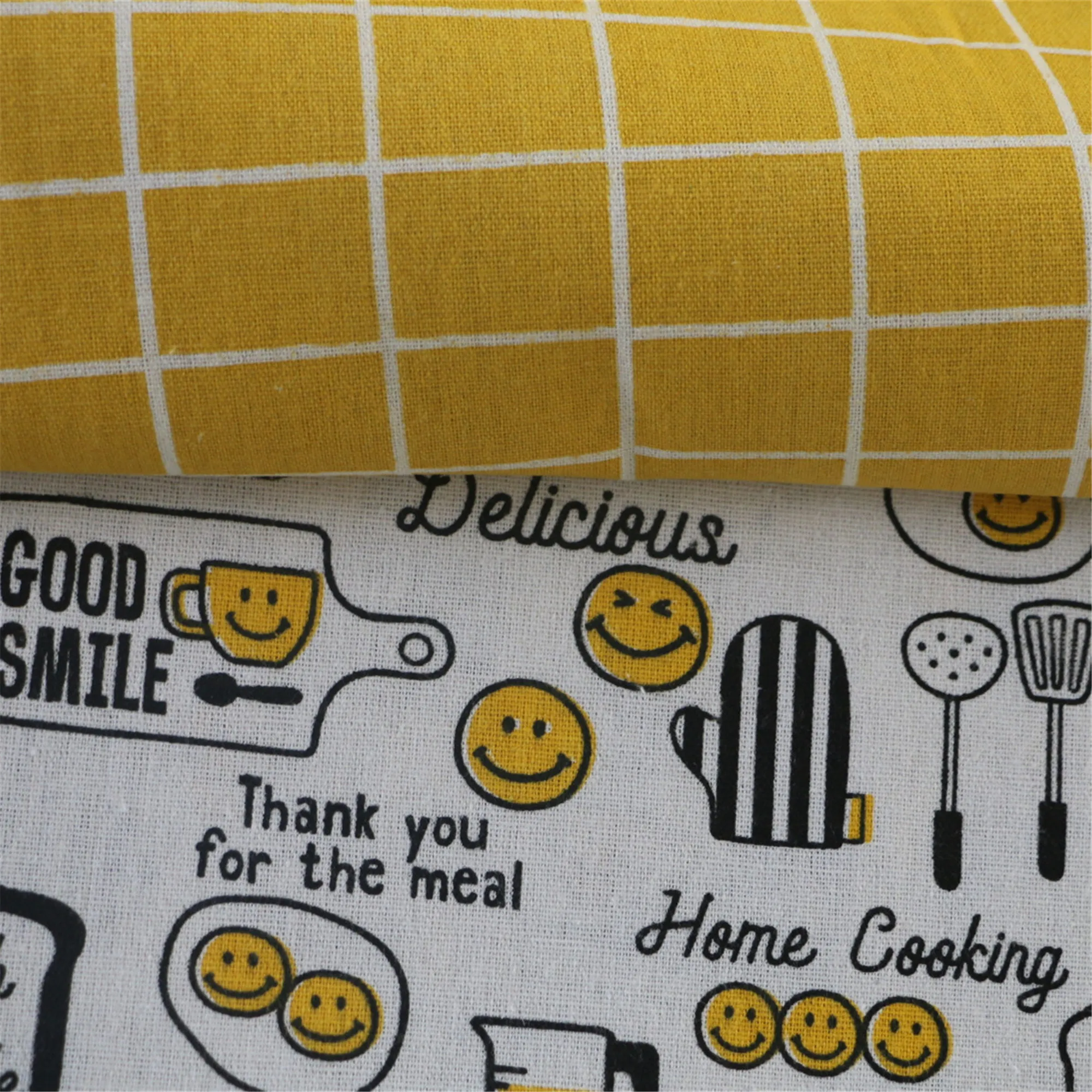 Хлопково-льняная ткань в желтом клетку со смайликом 50x150 см материал для