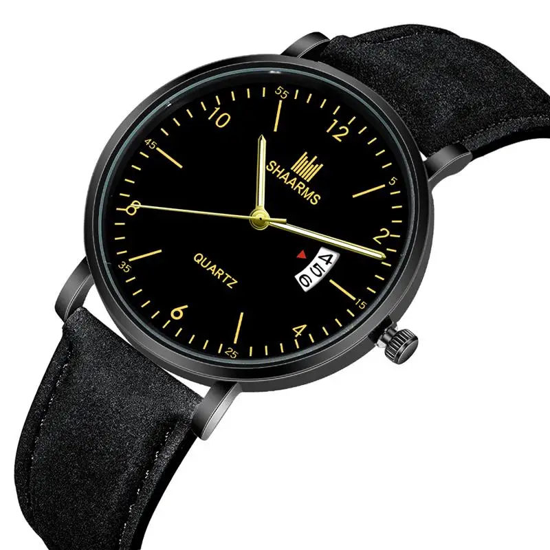 Модные мужские наручные часы с черным кожаным ремешком из нержавеющей стали