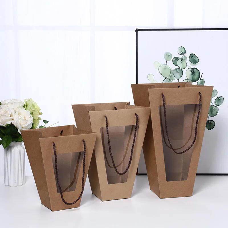 Kraft Paper Transparent Flower Box Waterproof Packaging Basket Folding Handbag |