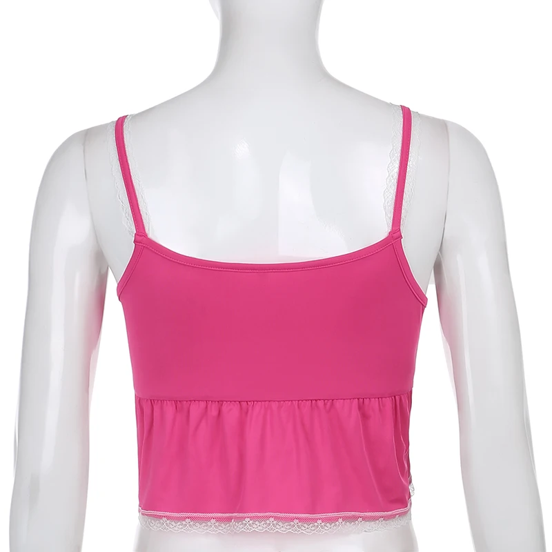 

Pink Y2K Crop Tops For Women Patchwork Lace Edge Cute Kawaii Clothes Sleeveless Sexy Ruched Cami Top Summer Beachwear