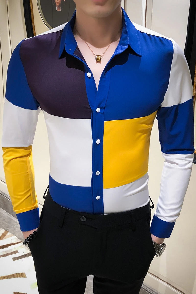 Горячая Распродажа цветная Мужская рубашка в стиле пэчворк весна 2020 приталенные