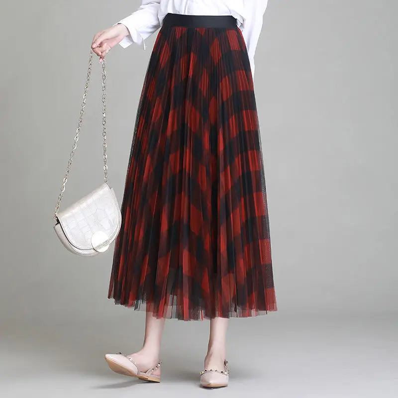 

2021 Fashion Women Plaid A-line Pleated Tulle Skirts Gradient Patchwork Office Lady Elegant Srtetch High Waist Mesh Skirts Z270