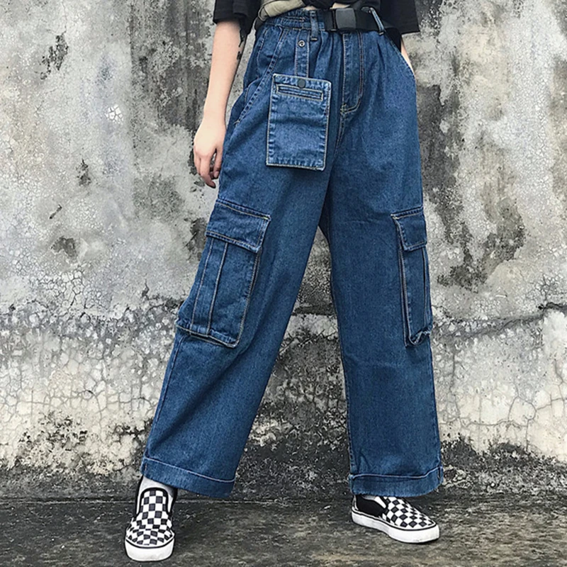Женские свободные повседневные джинсы с несколькими карманами и лентами, женские и мужские уличные шаровары в стиле хип-хоп, прямые джинсовые широкие брюки
