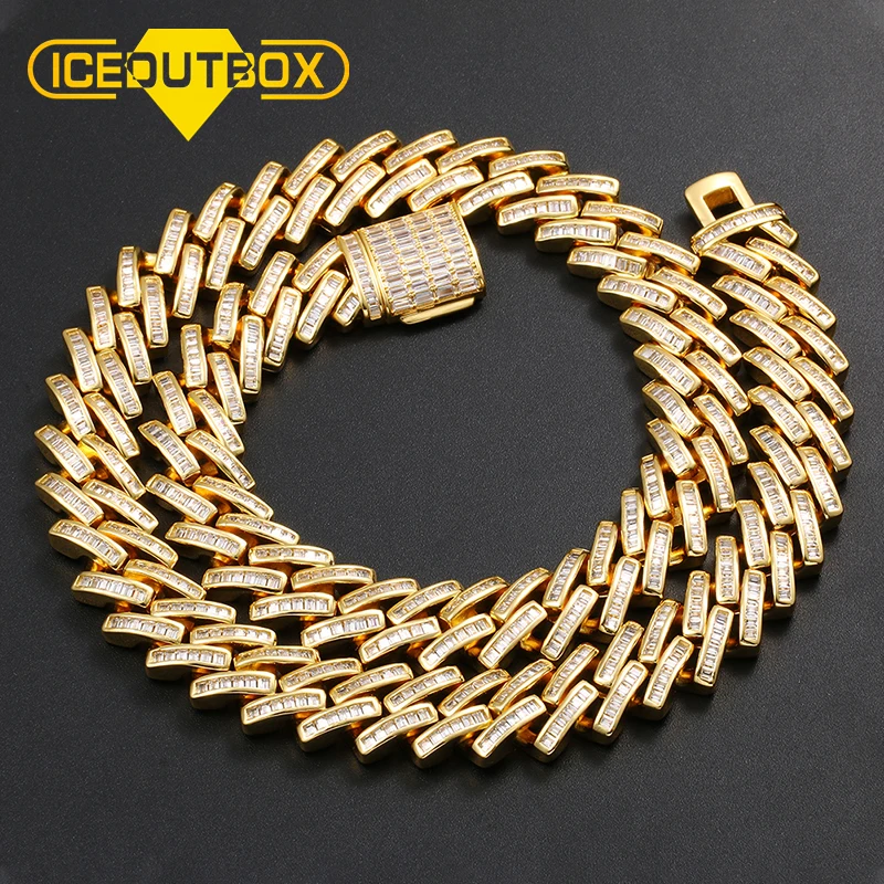 

New Baguette Miami Curb Cuban Chain Necklace 14mm Gold Iced Out Paved Rhinestones CZ Bling For Men's Hip Hop Fashion Jewelry