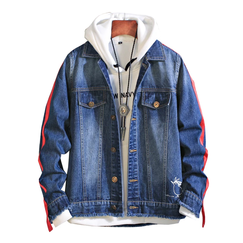 

Denim Jacket Men Slim Fits Solid Single Breasted Bird Pattern Coats Men Cowboy Fashion Clothing Hip Pop Jean Jacket