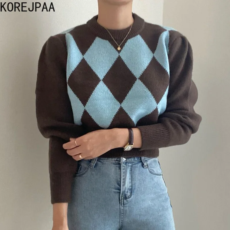 

Korejpaa Vintage Argyle Sweater Women Korean Contrasting Color Casual Long Sleeve O-neck Knitted Pullover Outwear Fashion