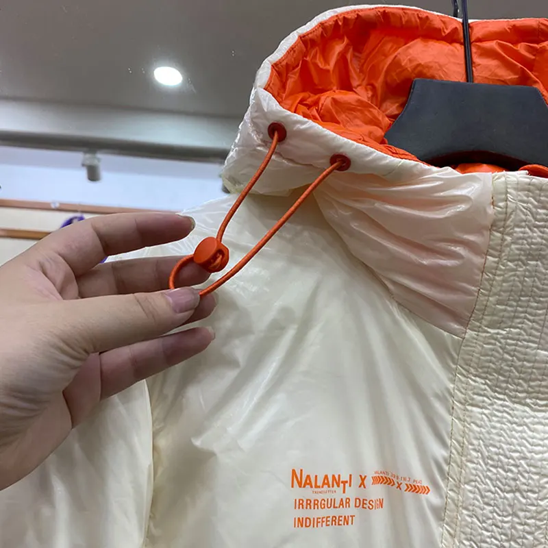 

Fad White Duck Down Coat Women Thick Bright Leather Couple Large Size Loose Outerwear Warm Down Jacket Hooded Parka Femme Hiver