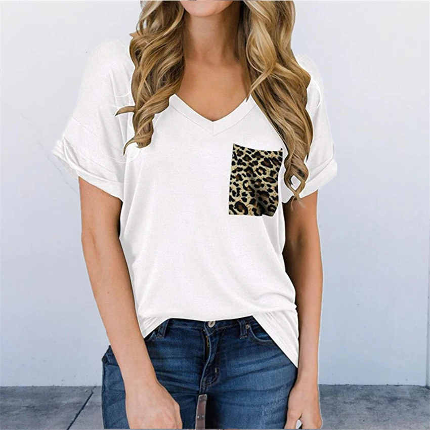 Футболка женская с V образным вырезом топ коротким рукавом футболка карманами