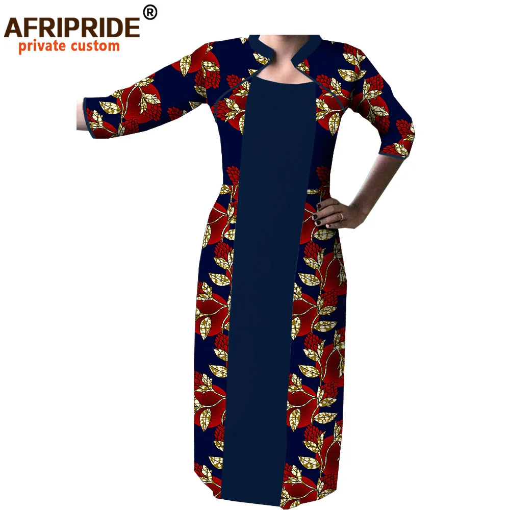 spring african dresses for women AFRIPRIDE three quarter sleeves mid-calf length straight casual cotton dress A7225120 | Женская одежда