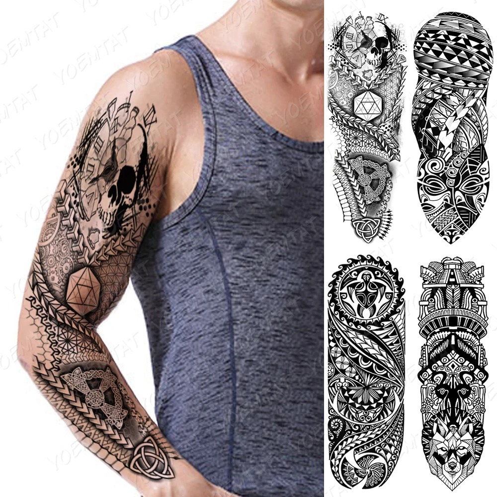 

Waterproof Temporary Full Arm Tattoo Sticker Skull Totem Maori Tribal Geometric Flash Tatoo Man Body Art Fake Sleeve Tatto Women