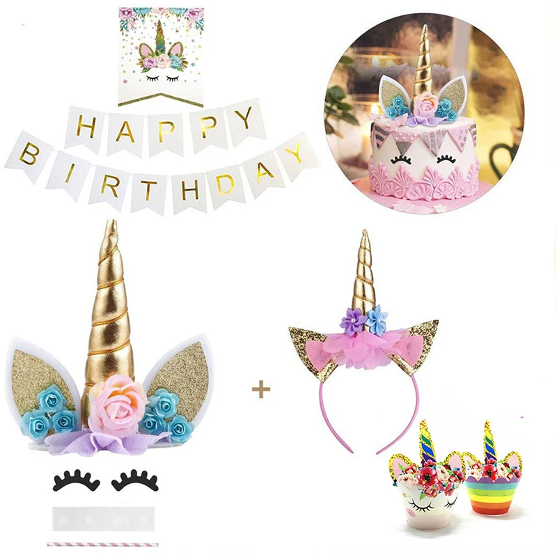 

YOMDID 1 set Happy birthday pull flag Unicorn party banner gold colorful banners children kids birthday party unicorn Decoration