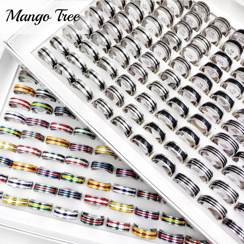 

100Pcs/Lots Classic Stainless Steel Black Stripe Rings for Men and Women Mix Colorful Streak Jewelry Accessories Gift Wholesale