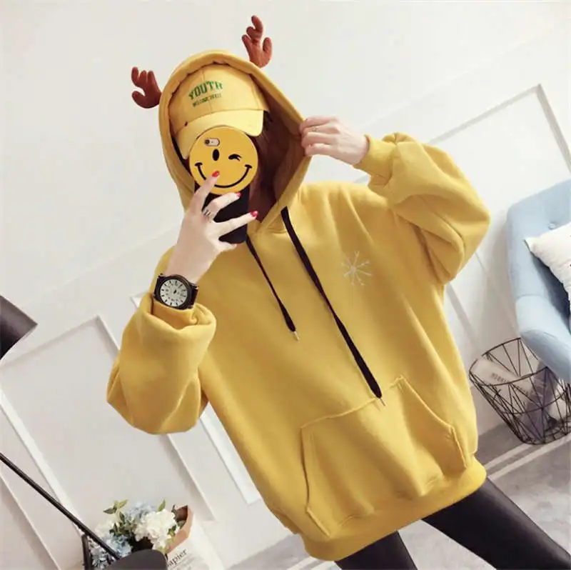 yellow hoodie Олень Рог Худи Свитшот Спортивная Кофта С Рог Одноцветный Сплошной Цвет Простой Снежинка Буква Вышивка Кофта С Капюшоном Карман Кенгуру Женщина Повседневный Уличный Стиль Толстовка Капюшон Белый Желтый Красный - Цвет: yellow hoodie