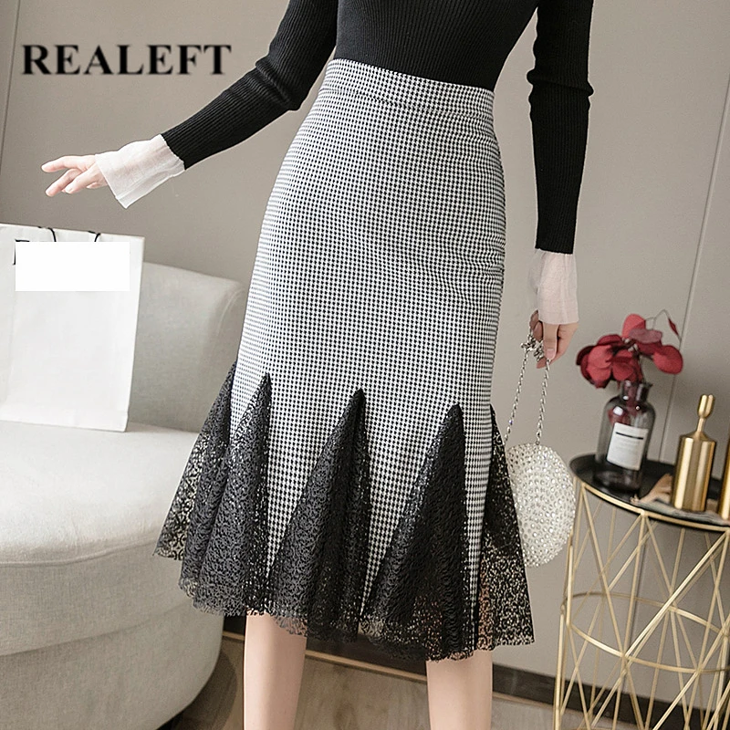 

REALEFT Spring 2021 New Korean OL Style Wrap Skirts Chic Midi Skirts Lady Lace Patchwork Bottom Sexy Sheath Pencil Skirts Female
