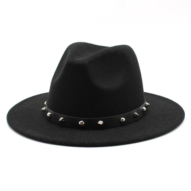 

Winter Women Men Wool Fedora Hat With Punk Rivet Ribbon Elegant Lady Winter Autumn Wide Brim Jazz Church Godfather Sombrero Caps