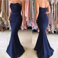 navy blue mermaid bridesmaid dresses 2021 long lace appliques maid of honor dress cheap under 100 wedding guest gown
