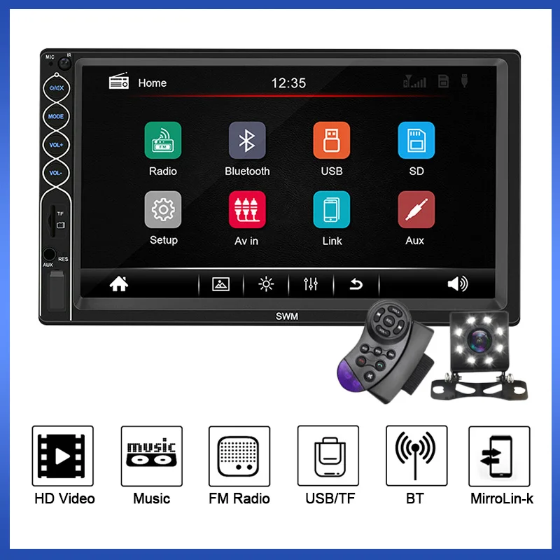 TomoStrong N6 Car Stereo 2 DIN Multimedia Video Player 7 inch Display HD MP5 AUX-in FM Radio Receiver Double DIN Head Unit SWC