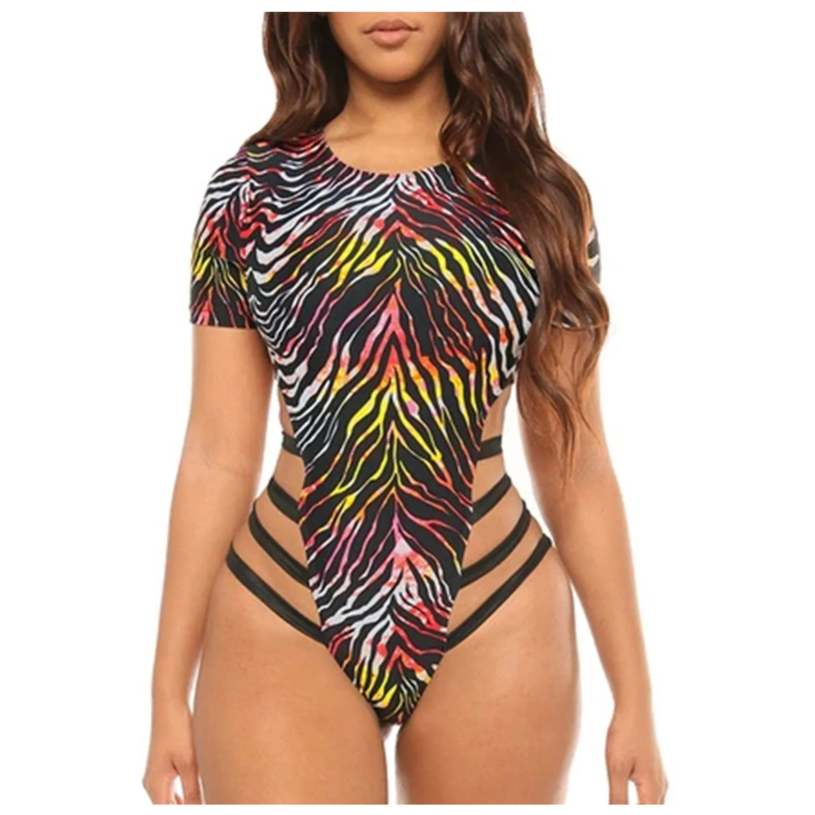 Swimwear Women's Sexy Swimsuit Colorful Tie-Dye Printed One-Piece half sleeved Bra Beachwear Bathing Suit bikinis#35 | Женская