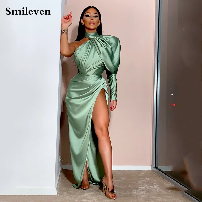 

Smileven One Shouldr Emerald Green Evening Dress Mermaid Long Sexy Side Split Prom Party Gowns Halter Neck Celebrity Dresses