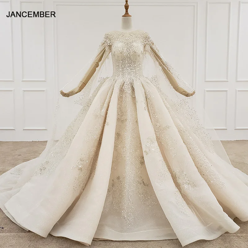

HTL1120 bead luxury wedding dress with cape o neck appliques sequined like white women wedding gown with train vestidos de noiva