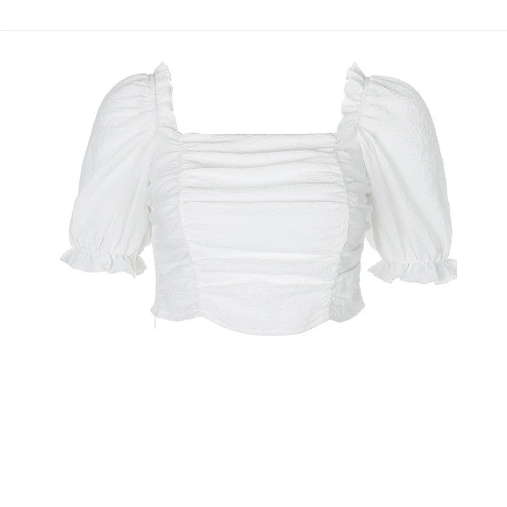 

2020 New Women Summer Short Square Collar Pleated Adjustable Drawstring Tops Vintage Puff Sleeve Casual Solid Shirt For Female