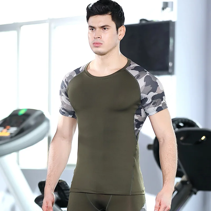 

Sports fast dry T - shirt men stretch tights running training short - sleeve fitness clothes summer