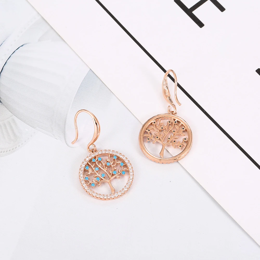 Модные изысканные серьги-подвески с кубическим цирконием и деревом жизни для