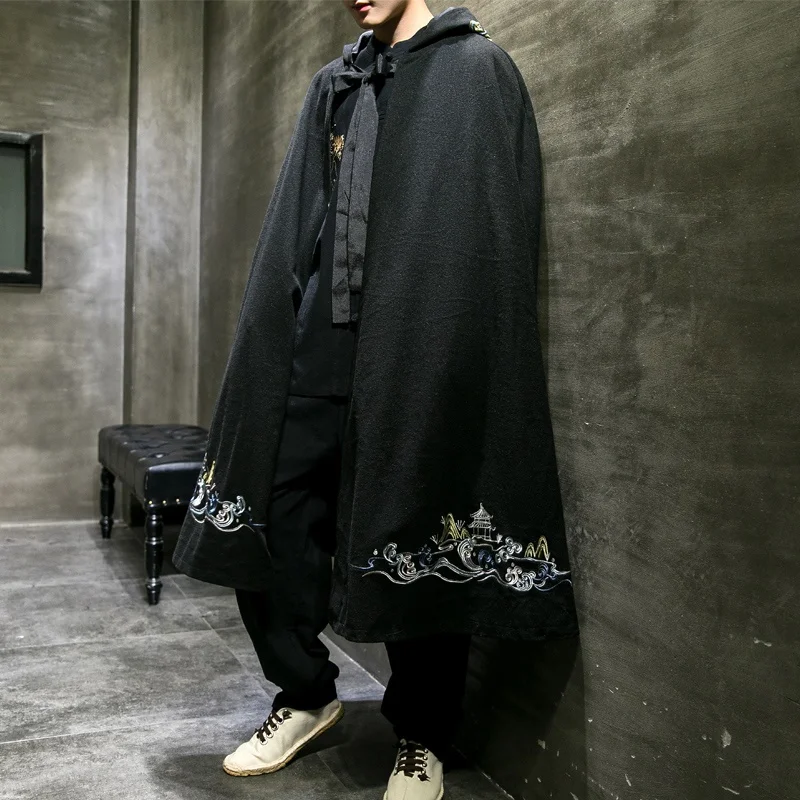Мужской Длинный плащ с вышивкой черное кашемировое пальто в стиле ретро зимняя