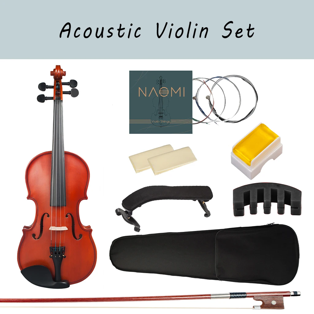 

NAOMI Acoustic Violin Set Fiddle Solid Wood for Kids Beginners Students w Case Rosin Shoulder Rest Bow Strings Mute Clean Cloth