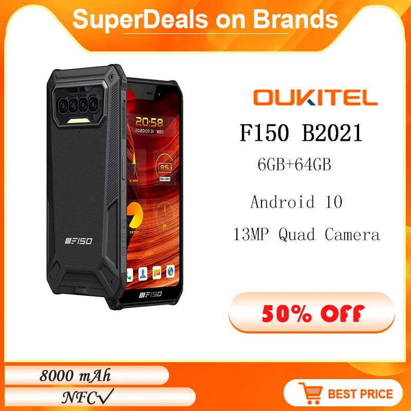 

Oukitel F150 B2021 Waterproof 6+64GB 8000mAh Octa Core Rugged Mobile Phone HD+MediaTek Helio G25 13MP Camera Phone