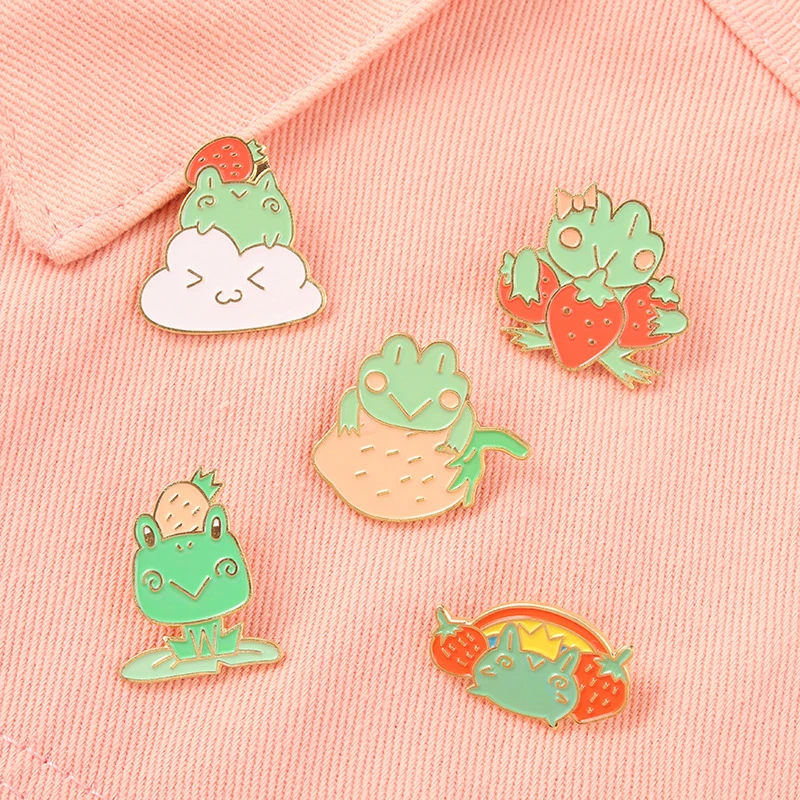 

Quack-Custom Enamel Pin Lotus Leaf Strawberry Frog Brooches Lapel Pin Cartoon Animal Backpack Badge Kids Friends Jewelry Gift