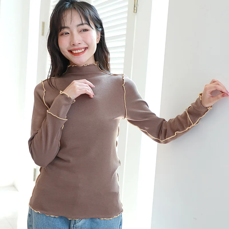 

2021 New Style Blouse Women's High Neck Pullover with Wood Ear Edge Contrast Color Inside with Knitted Bottoming Blouse