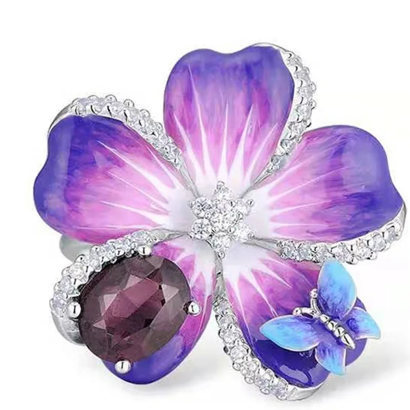 

Milangirl Female Luxruy Butterfuly Flower Ring Purple Rhinestone Stone Rings Wedding Band Promise Love Engagement Rings