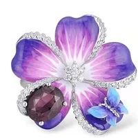 milangirl female luxruy butterfuly flower ring purple rhinestone stone rings wedding band promise love engagement rings