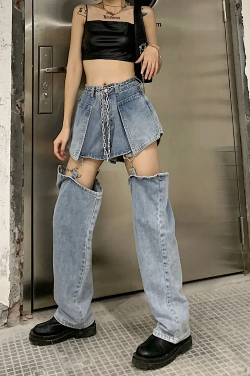 

Jeans women's 2020 new Korean loose two piece design straight pants