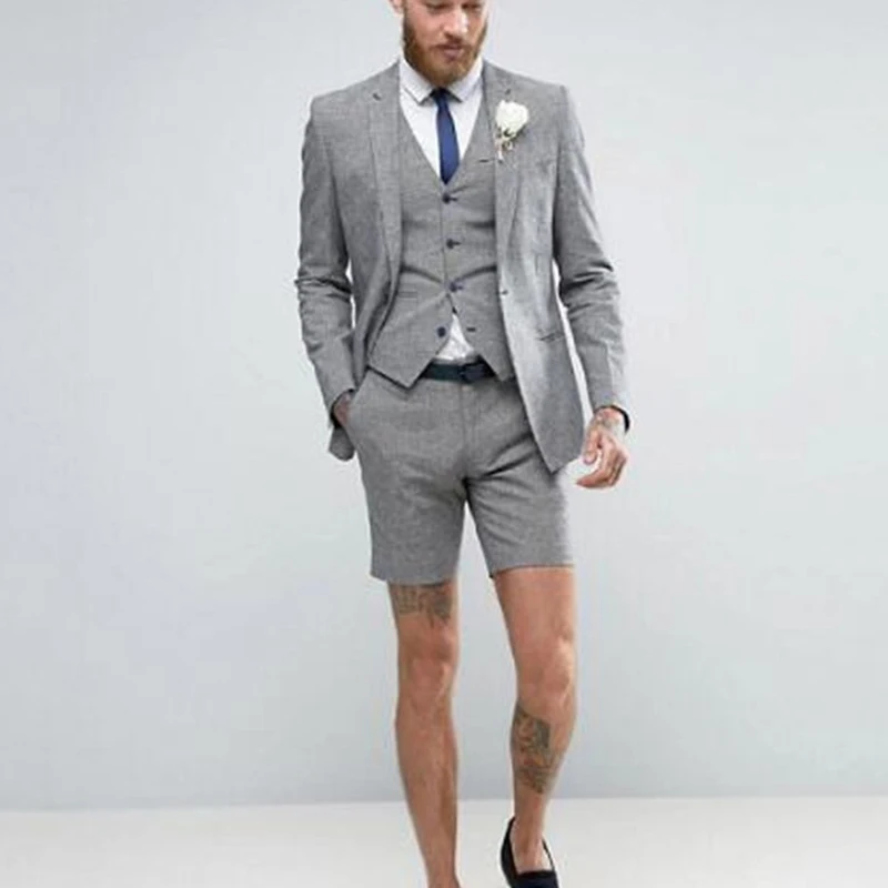 Traje de verano de pantalones cortos para hombre, chaqueta + Pantalones + chaleco, esmoquin informal para novio, trajes de boda y playa, 2021