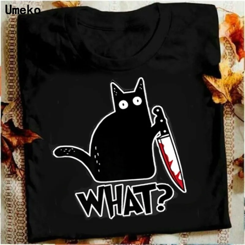 Новинка черная кошка что футболка убийца нож Женская забавная короткий рукав