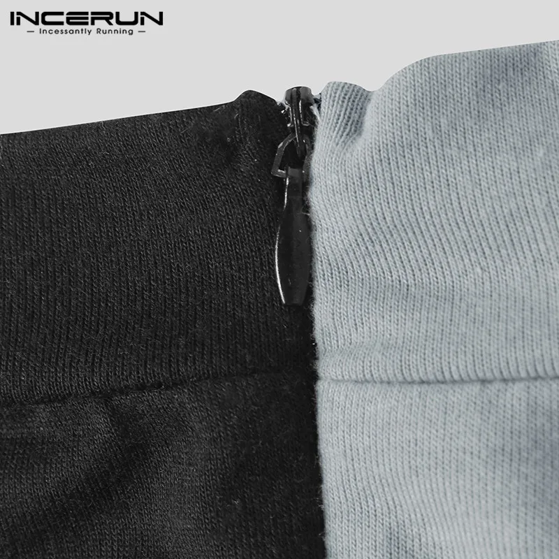 

INCERUN Men Jumpsuits Long Sleeve O Neck Patchwork Romper Fashion Zipper Suspenders Color Stitching Fitness Bib Pants Plus Size