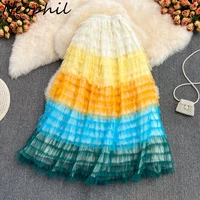 neophil 2022 spring women mesh tulle ball gown long skirts layers young style rainbow falda mujer moda luxury maxi skirt s211228