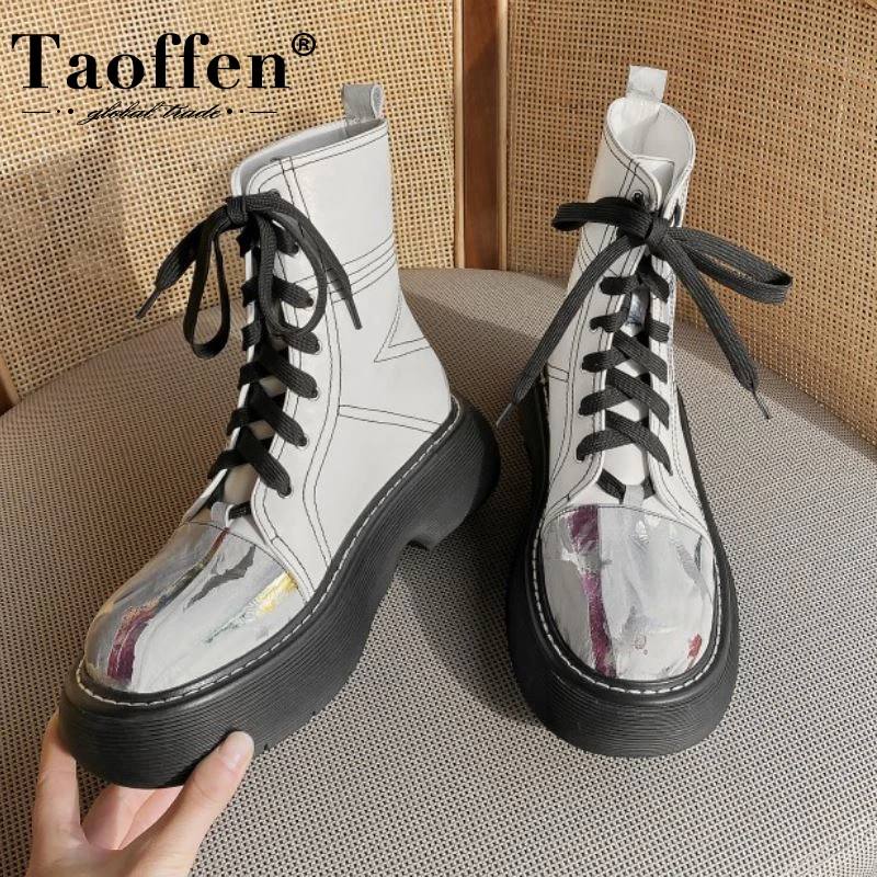 

Taoffen New Women Ankle Boots Real Leather Print Thick Bottom Short Boot Ladies Fashion Club Shoes Woman Footwear Size 34-39