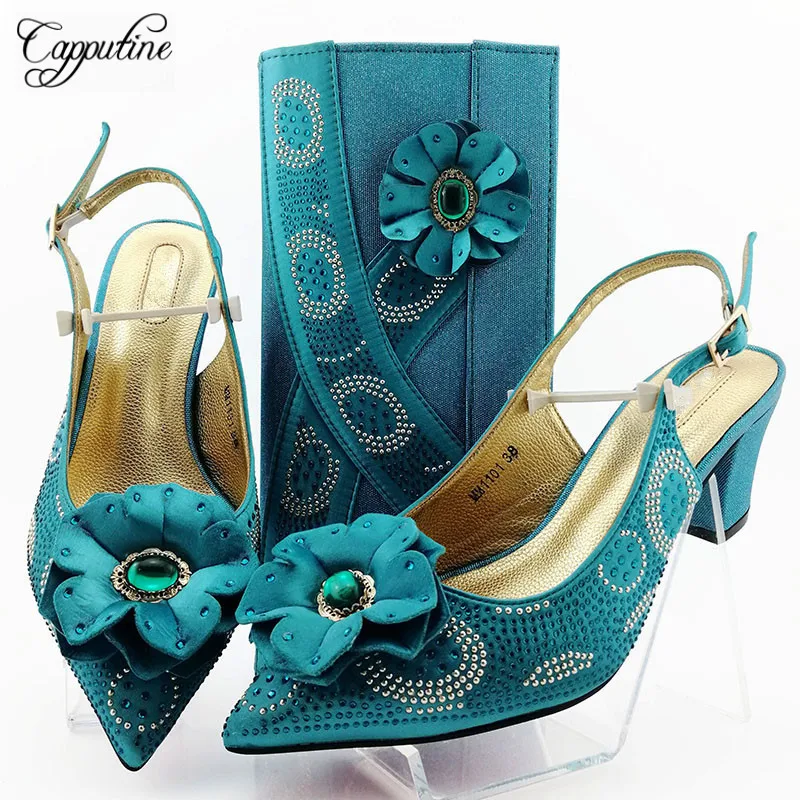 

New Arrival Blue Color Woman Middle Heels Shoes And Bag Set Summer Elegant Rhinestone Party Shoes And Bag Set For Wedding