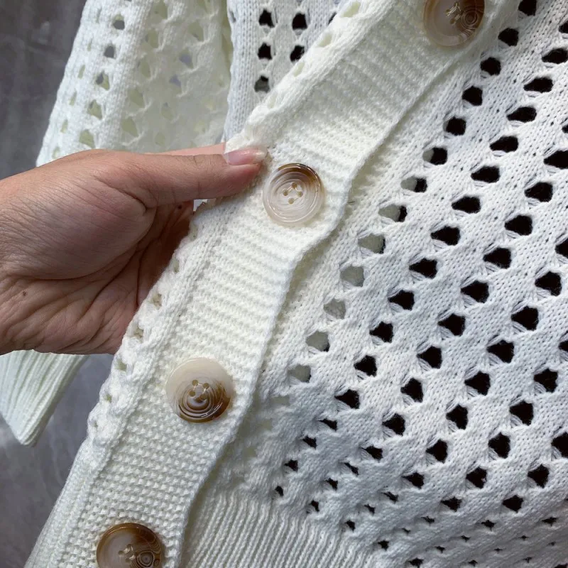 

Spring Mens Knit Cardigan Jacket Design Hollow Out White Single Breasted Sweater Tops V Neck Long Sleeve Casual Outwear Sweaters
