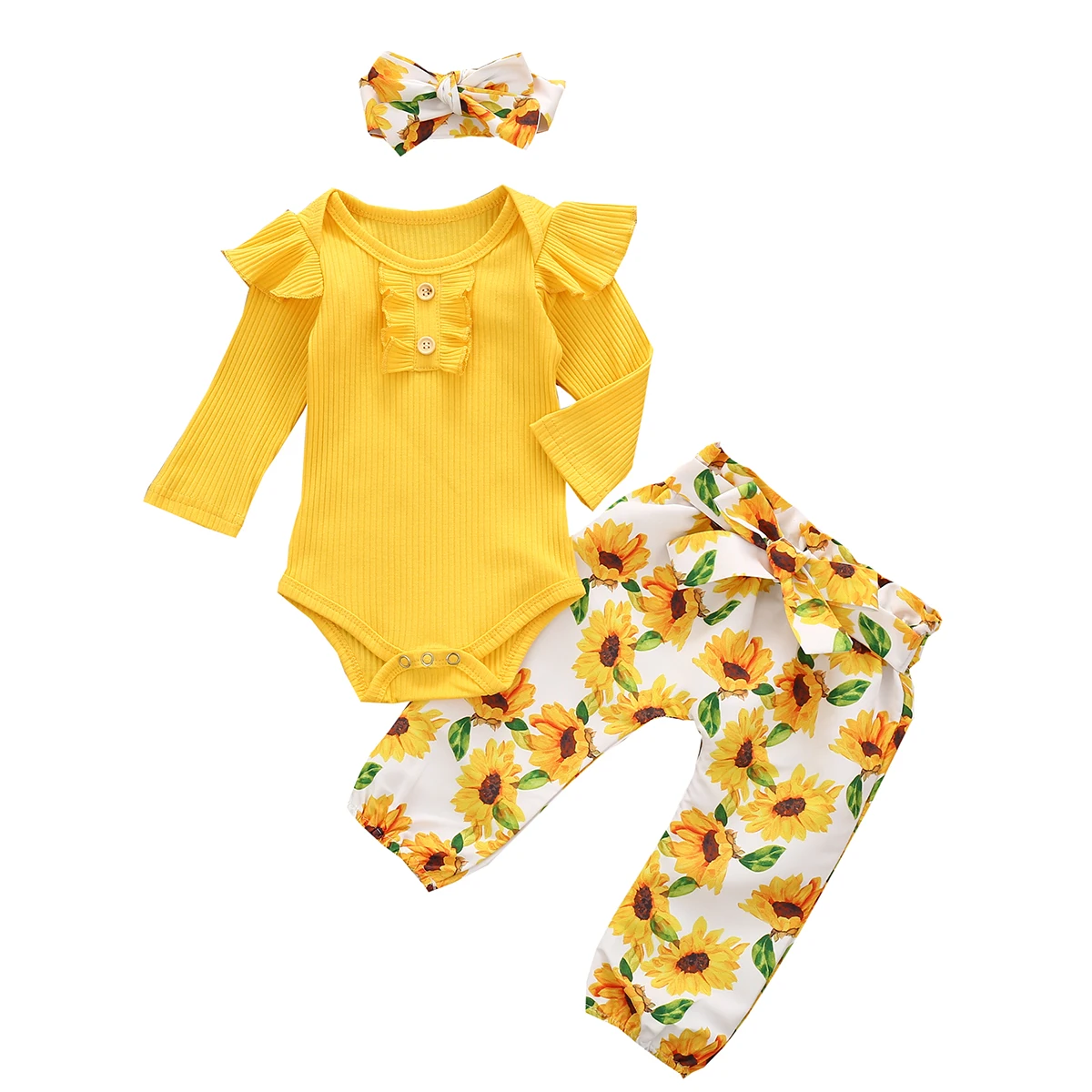 Conjunto de 3 piezas para ni&ntilde;as reci&eacute;n nacidas, Pelele de manga larga, pantalones con estampado Floral y Diadema, 0 a 24 meses, Primavera, 2021-1