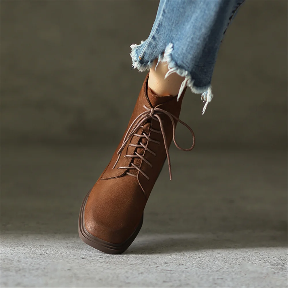 Jual Sepatu Bot Pergelangan Kaki Sepeda Motor Tetap Hangat Musim Dingin Ritsleting Belakang Berenda Hak Rendah 3Cm Ujung Kaki Bulat Kulit Full Grain DSHL12 MUYISEXI
