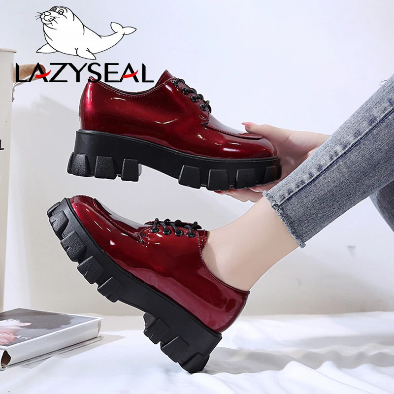 

LazySeal Patent Leather Platform Shoes Woman Lace-up Shoes Rounde Toe Thick Bottom Footwear Casual Women's Shoes Zapatos Mujer