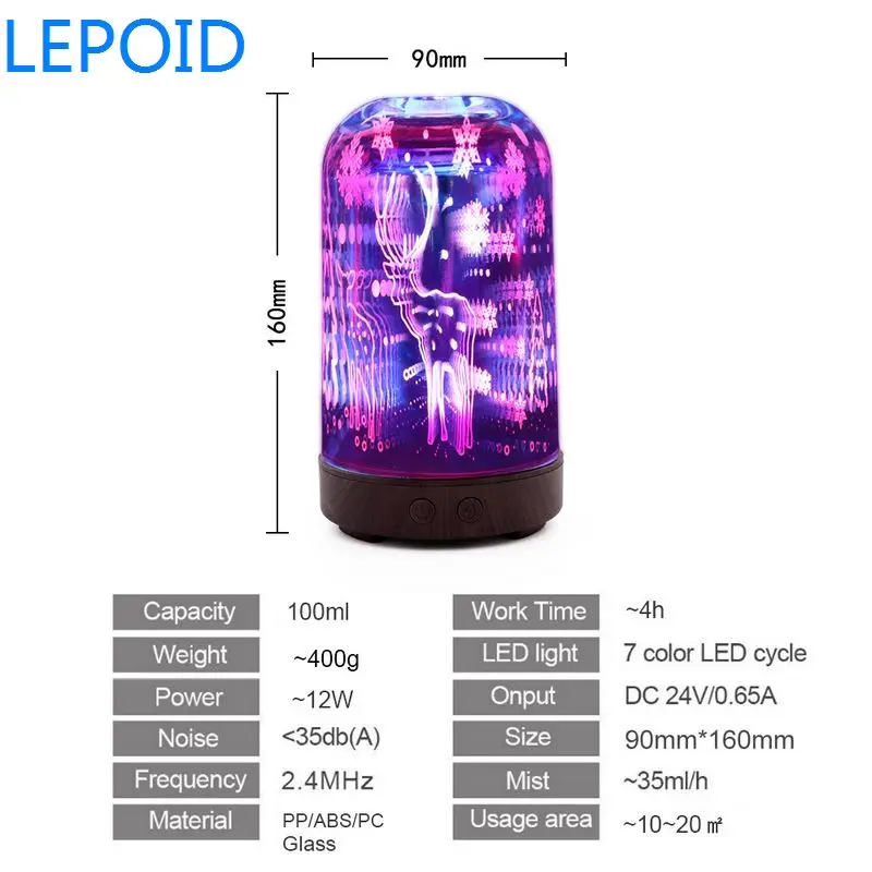 LEPOID тумана 3D Стекло увлажнитель воздуха с светодиодный ночной Светильник арома