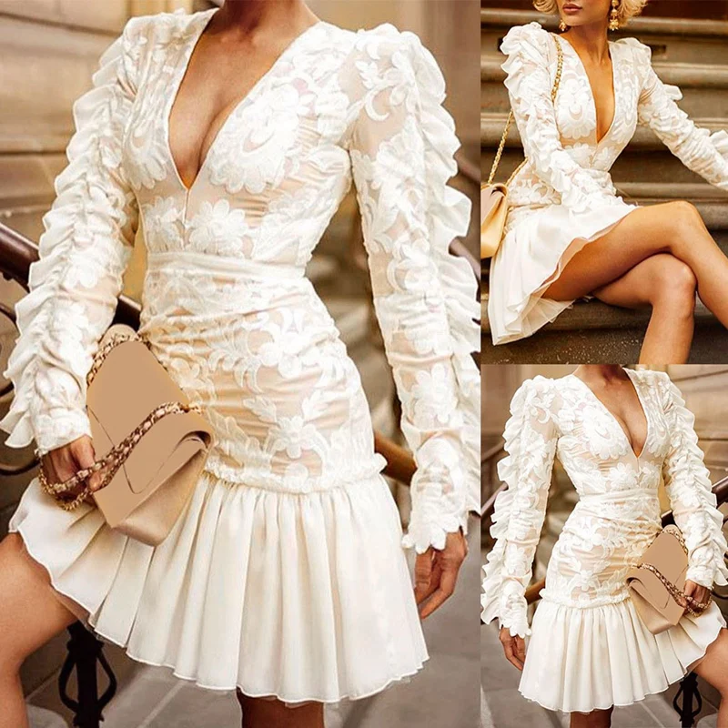 

Sexy Lace V-Neck Mini Dress Spring Autumn Mesh Embroidery Dress Female Elegant Hollow Lace Evening Dress