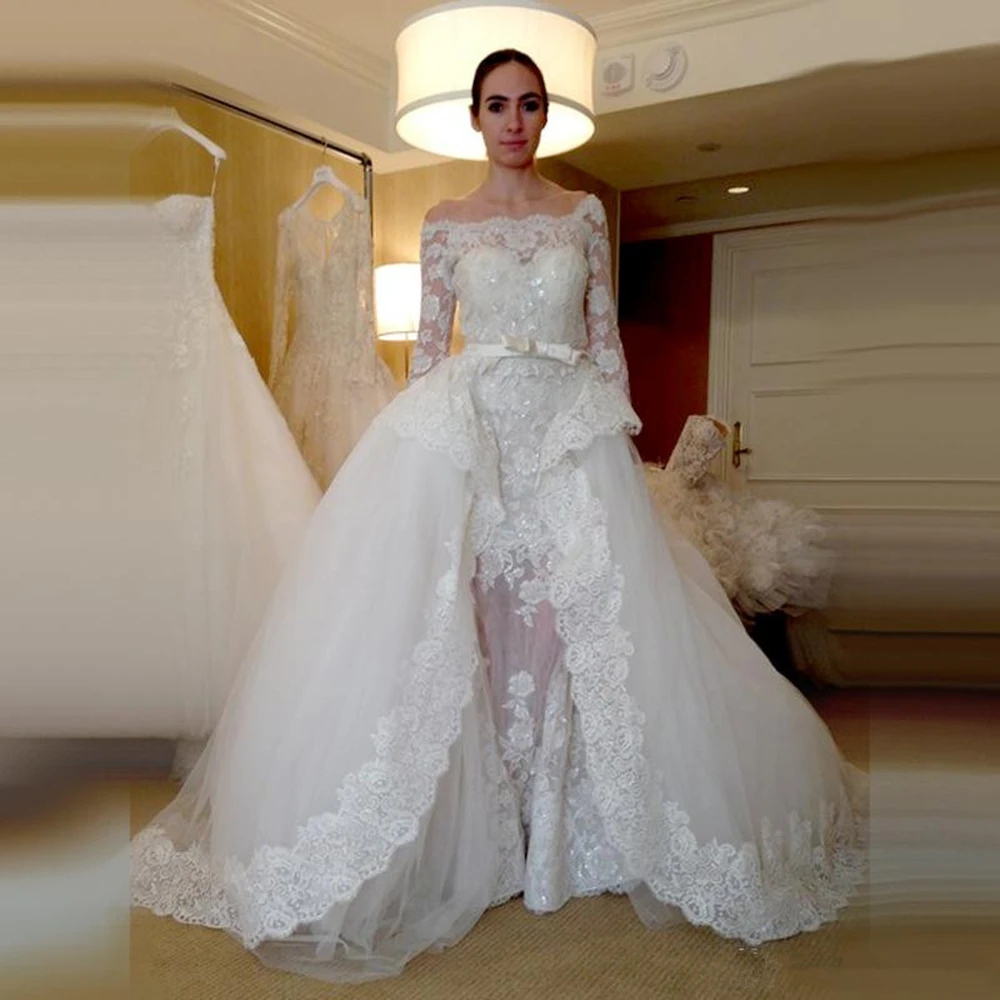 Съемный шлейф 2 шт. свадебное платье с длинным рукавом открытыми плечами