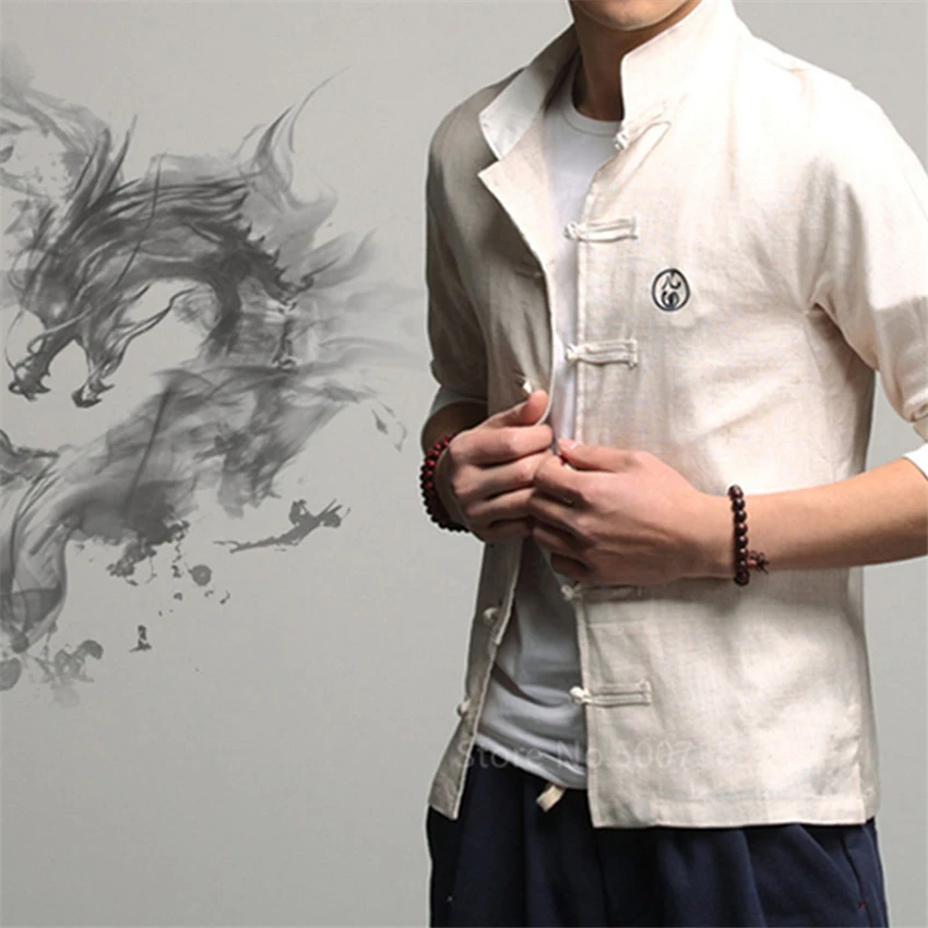 Традиционная китайская одежда для мужчин винтажная льняная рубашка с длинным