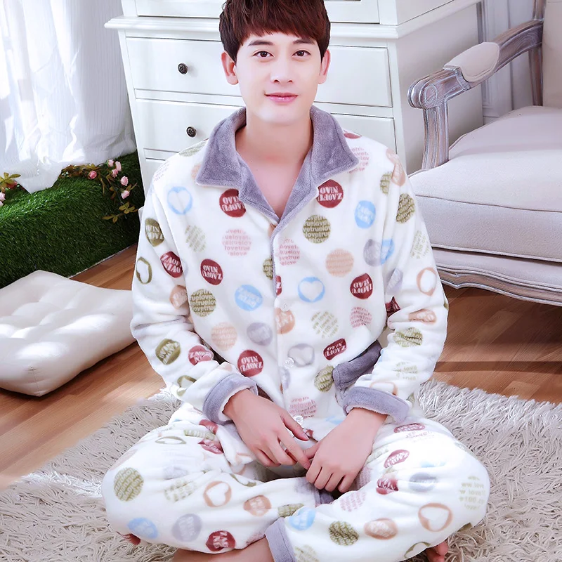 

H5871 Men Thickened Pajamas Suit Flannel Autumn Winter Long Sleeve Home Clothing Male Coral Fleece Comfortable Simple Sleepwear